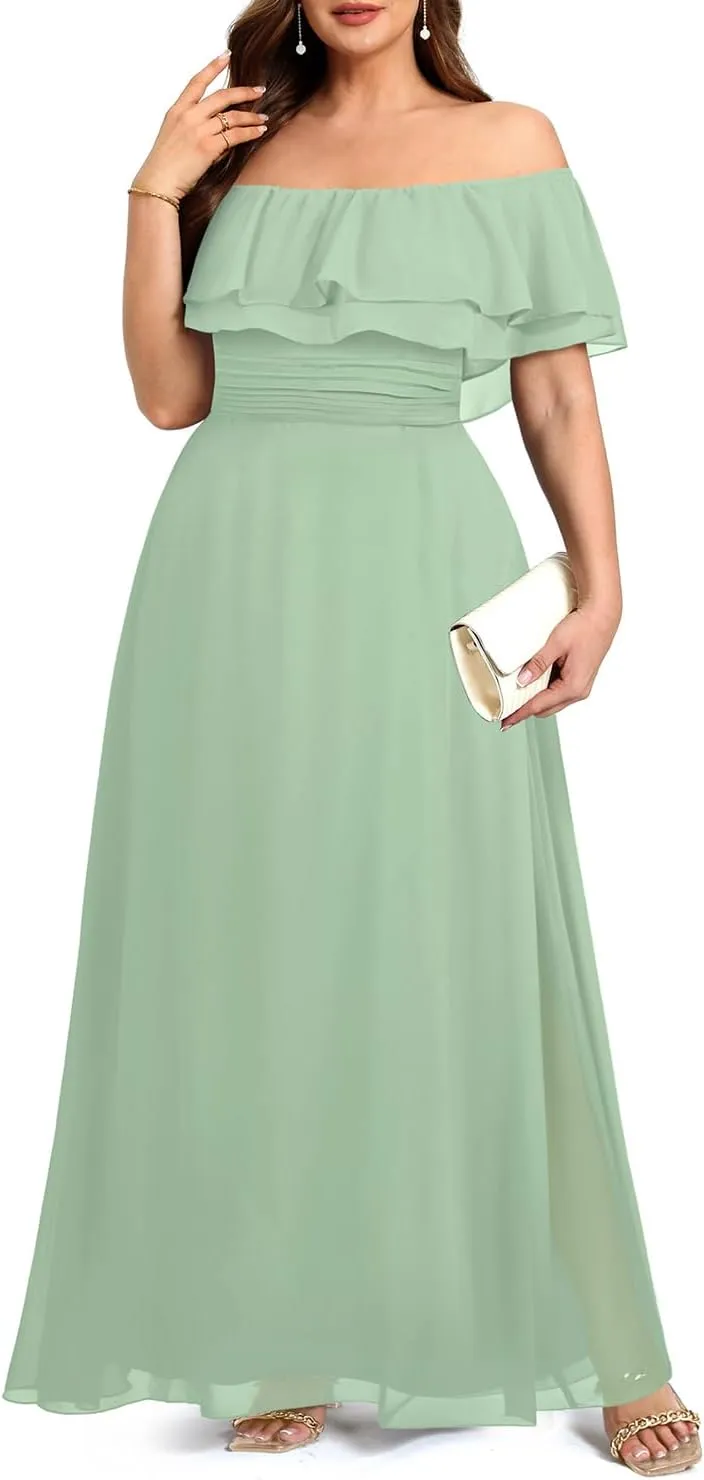 Pinup Fashion Women's Bridesmaid Dresses for Wedding Plus Size Formal Off The Shoulder Chiffon Maxi Dresses
