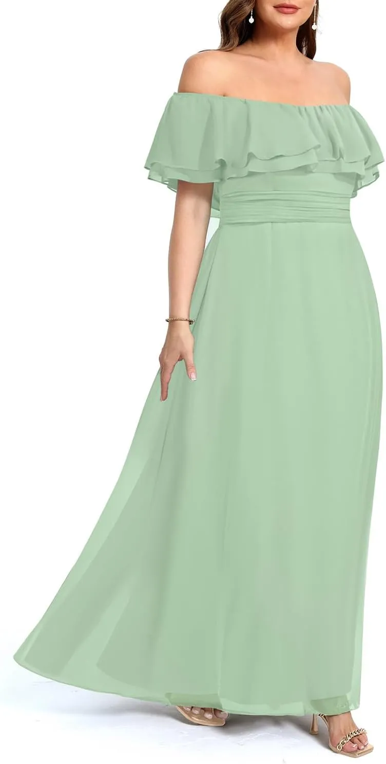 Pinup Fashion Women's Bridesmaid Dresses for Wedding Plus Size Formal Off The Shoulder Chiffon Maxi Dresses
