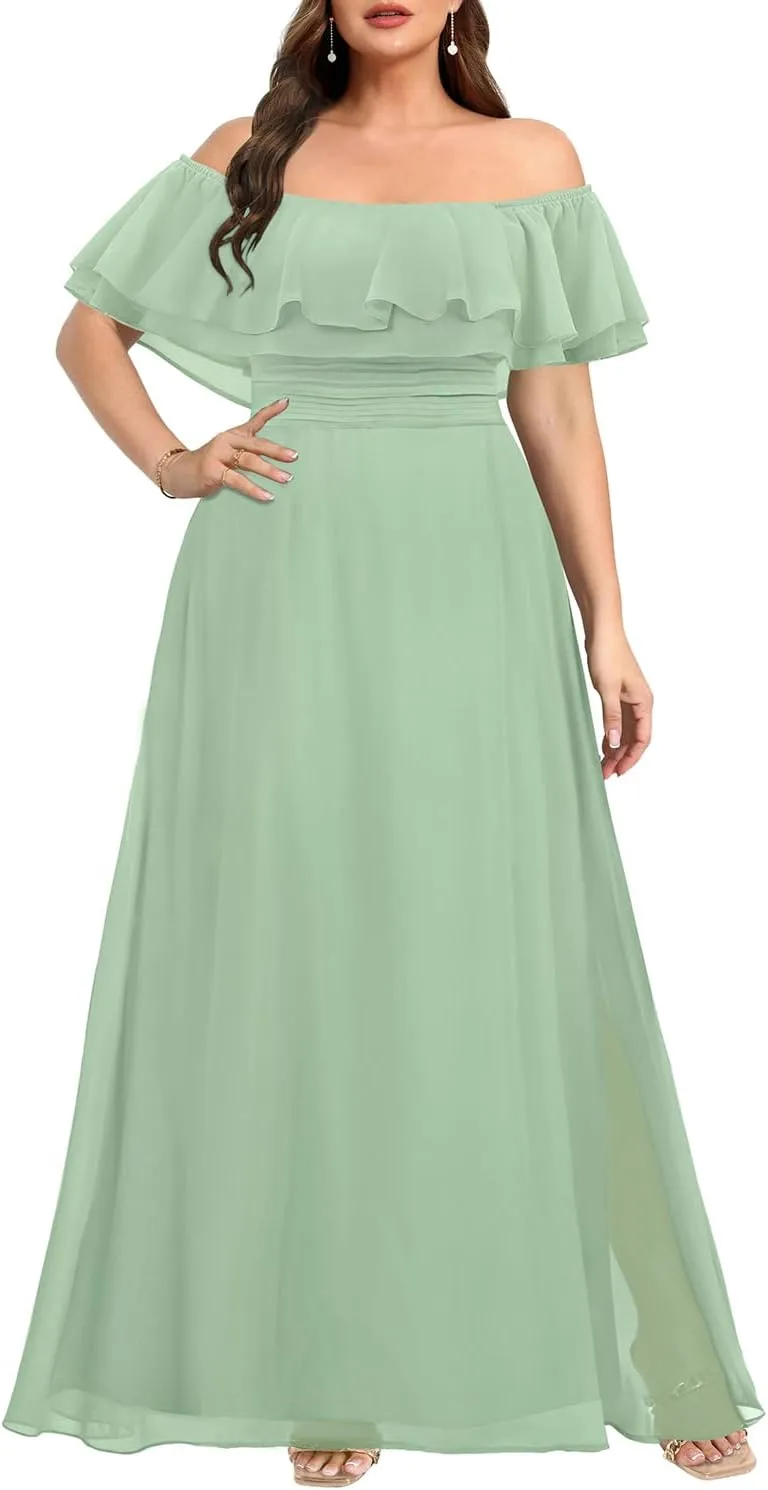 Pinup Fashion Women's Bridesmaid Dresses for Wedding Plus Size Formal Off The Shoulder Chiffon Maxi Dresses