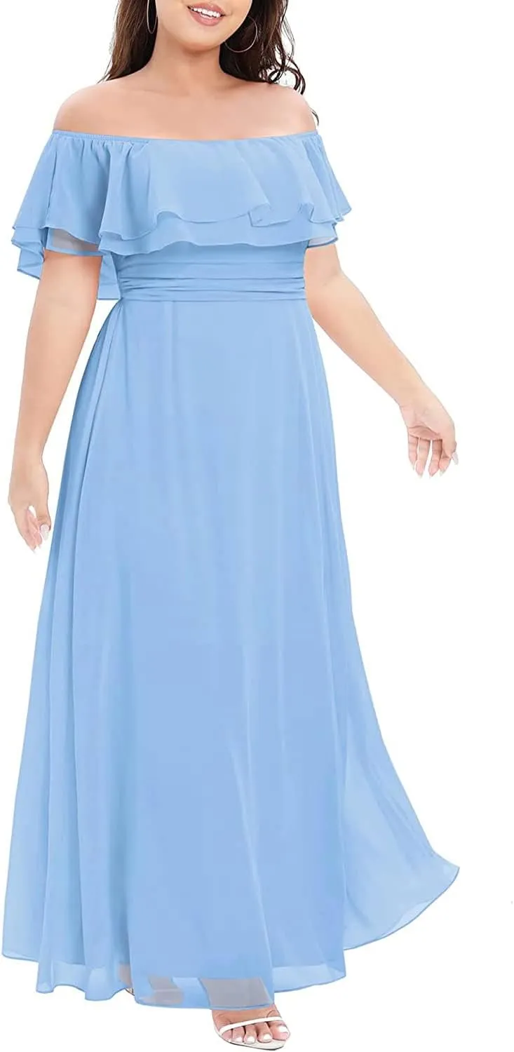 Pinup Fashion Women's Bridesmaid Dresses for Wedding Plus Size Formal Off The Shoulder Chiffon Maxi Dresses