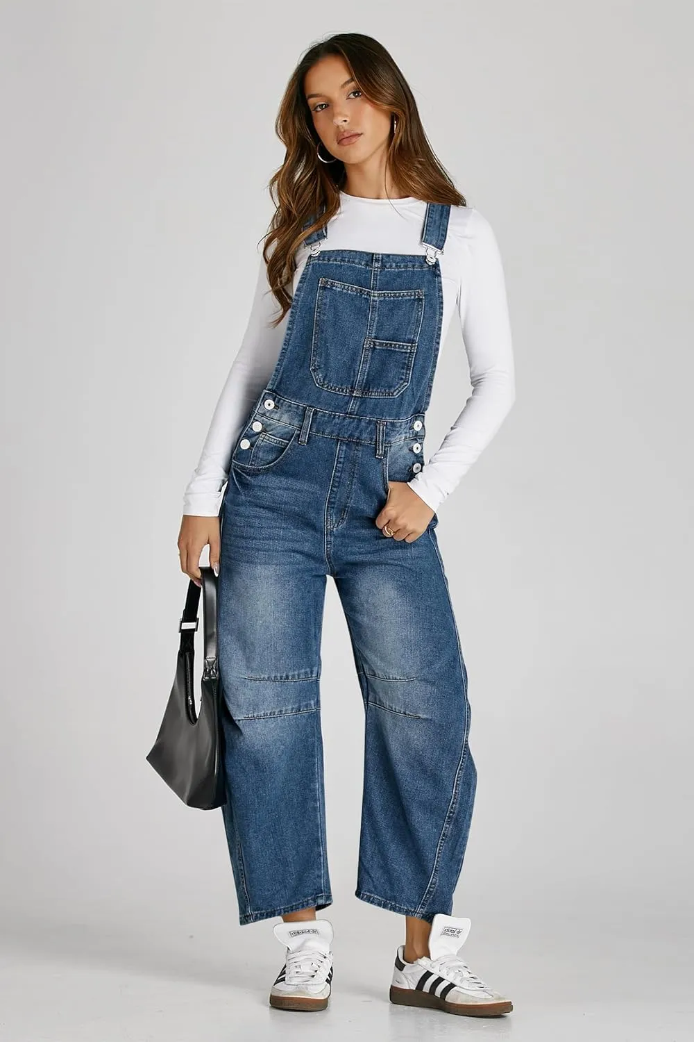 PLNOTME Womens Denim Bib Overalls Barrel Leg Adjustable Strap Jean Pants Jumpsuits with Pockets
