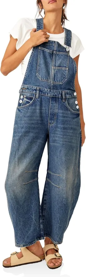 PLNOTME Womens Denim Bib Overalls Barrel Leg Adjustable Strap Jean Pants Jumpsuits with Pockets