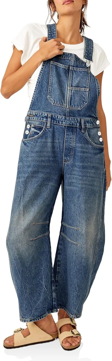PLNOTME Womens Denim Bib Overalls Barrel Leg Adjustable Strap Jean Pants Jumpsuits with Pockets