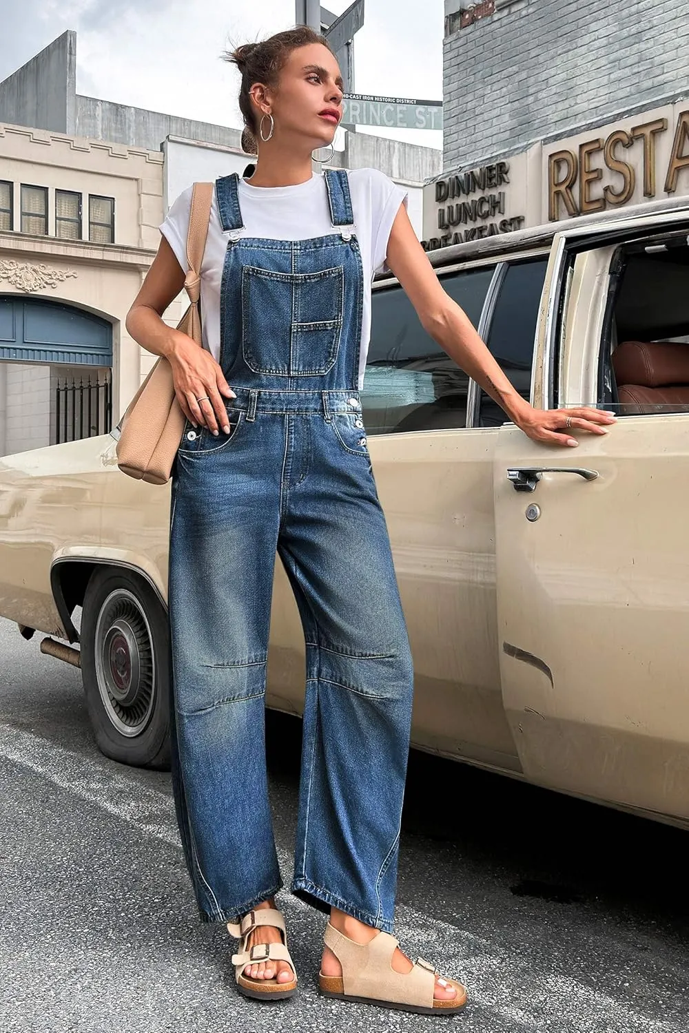 PLNOTME Womens Denim Bib Overalls Barrel Leg Adjustable Strap Jean Pants Jumpsuits with Pockets