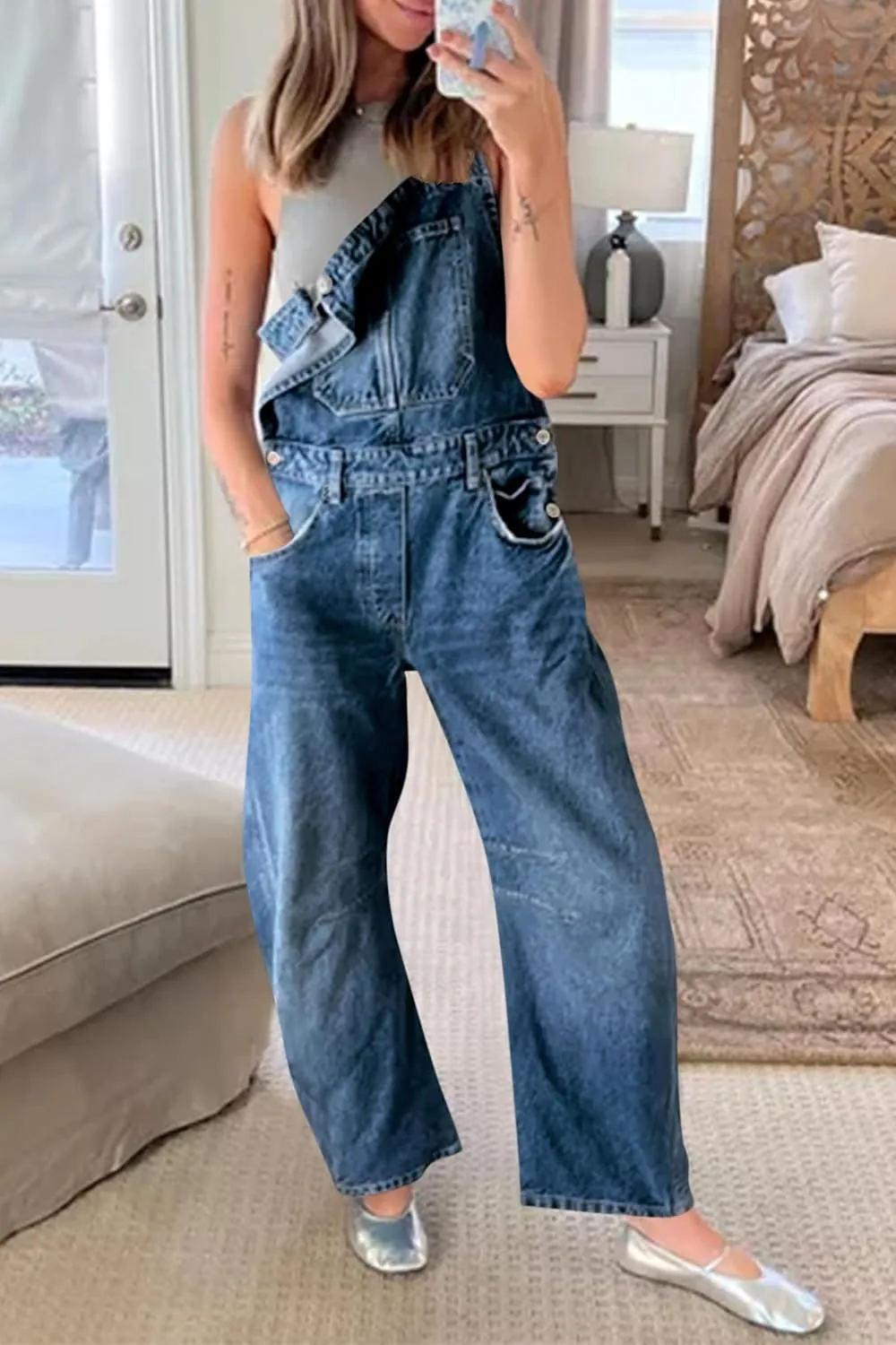 PLNOTME Womens Denim Bib Overalls Barrel Leg Adjustable Strap Jean Pants Jumpsuits with Pockets