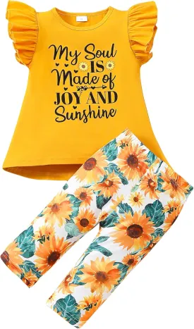 Popshion Little Girls 2 Piece Summer Outfits Flutter Sleeve T-Shirt and Cropped Capri Leggings Kids Clothes Short Sets 2-8t