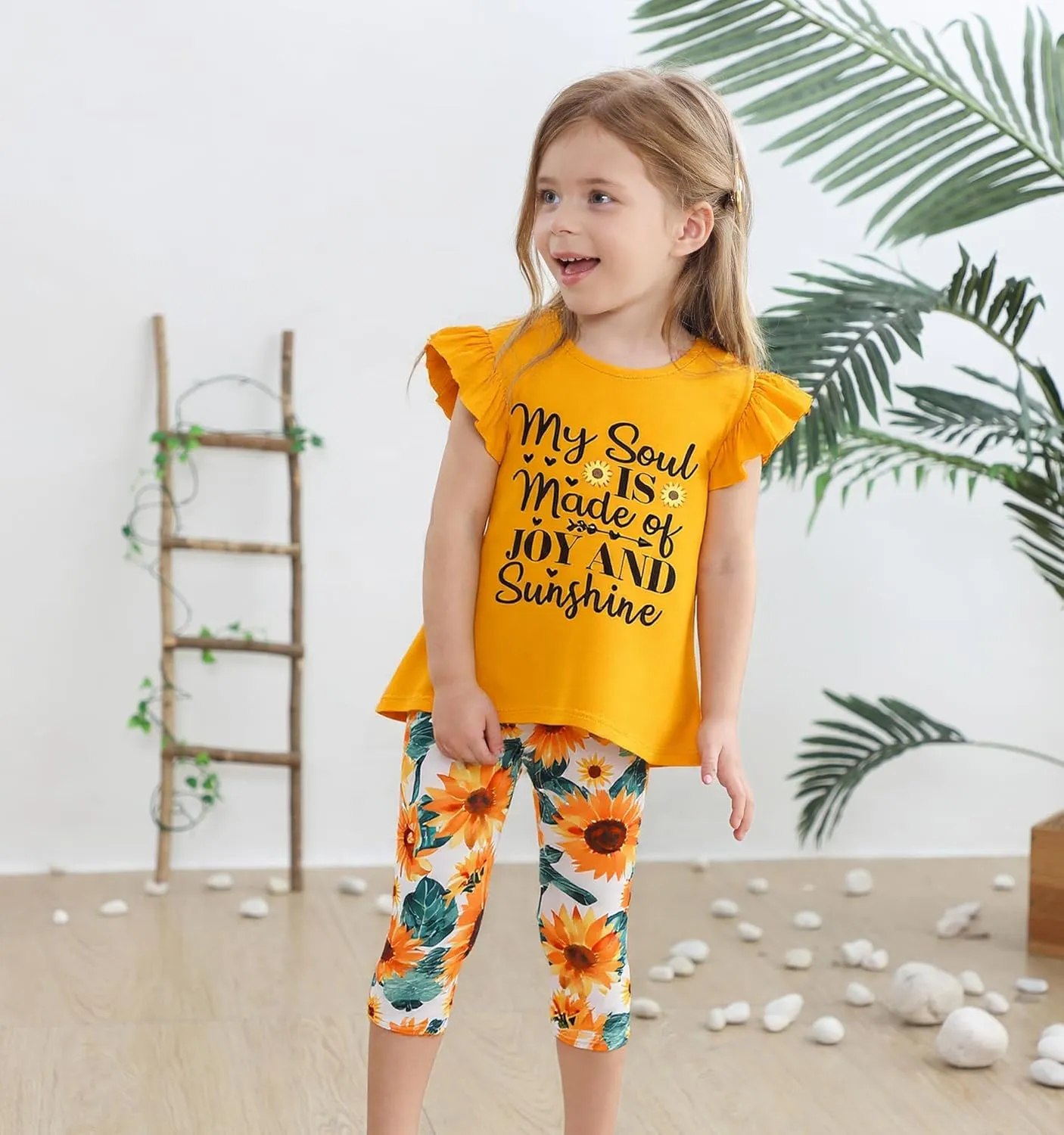 Popshion Little Girls 2 Piece Summer Outfits Flutter Sleeve T-Shirt and Cropped Capri Leggings Kids Clothes Short Sets 2-8t