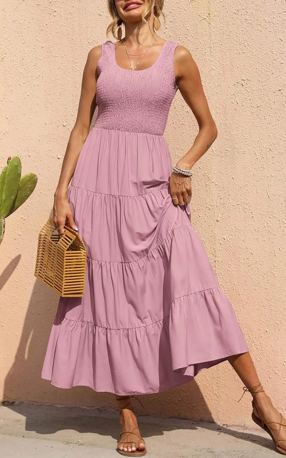PRETTYGARDEN Women's 2025 Casual Loose Plain Maxi Sundress Smocked Tank Dress Sleeveless Summer Beach Tiered Long Dresses