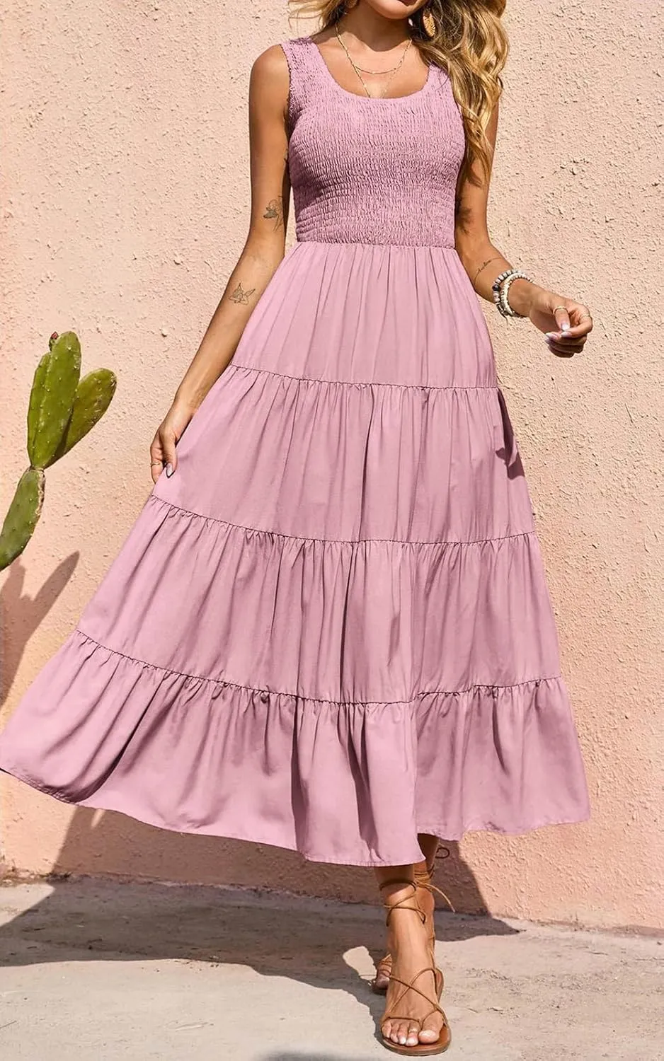 PRETTYGARDEN Women's 2025 Casual Loose Plain Maxi Sundress Smocked Tank Dress Sleeveless Summer Beach Tiered Long Dresses