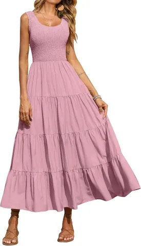 PRETTYGARDEN Women's 2025 Casual Loose Plain Maxi Sundress Smocked Tank Dress Sleeveless Summer Beach Tiered Long Dresses
