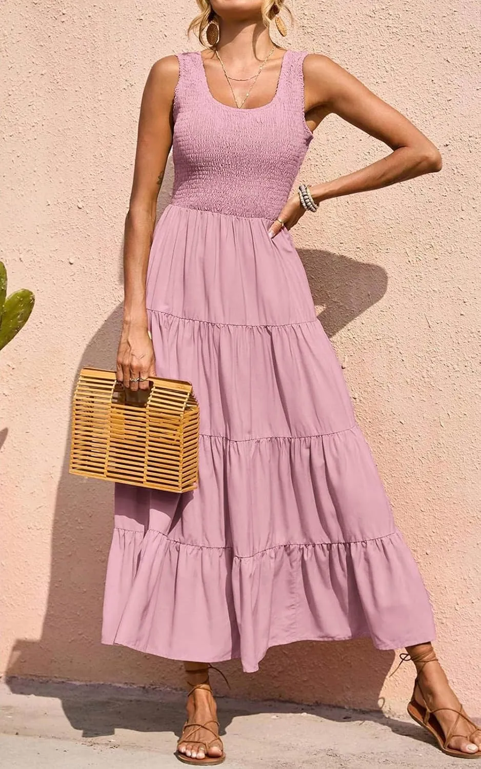 PRETTYGARDEN Women's 2025 Casual Loose Plain Maxi Sundress Smocked Tank Dress Sleeveless Summer Beach Tiered Long Dresses