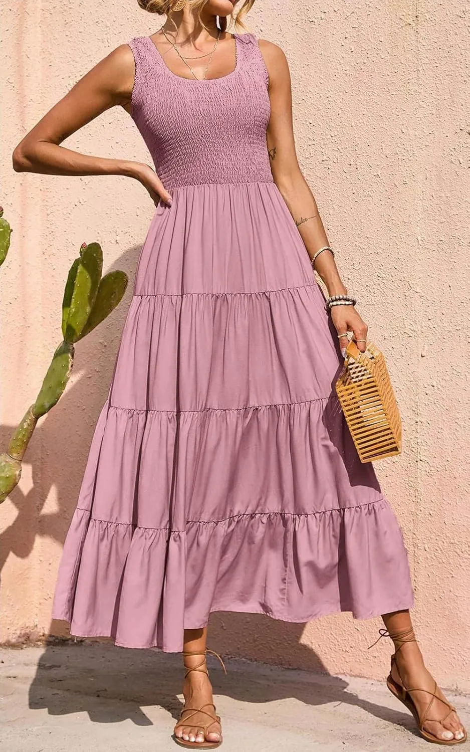 PRETTYGARDEN Women's 2025 Casual Loose Plain Maxi Sundress Smocked Tank Dress Sleeveless Summer Beach Tiered Long Dresses