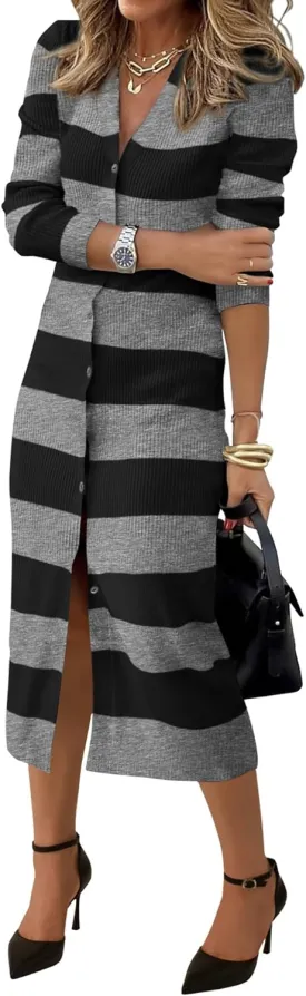 PRETTYGARDEN Women's Dresses 2025 Fall Long Sleeve V Neck Button Down Ribbed Knit Stripes Bodycon Midi Sweater Dress