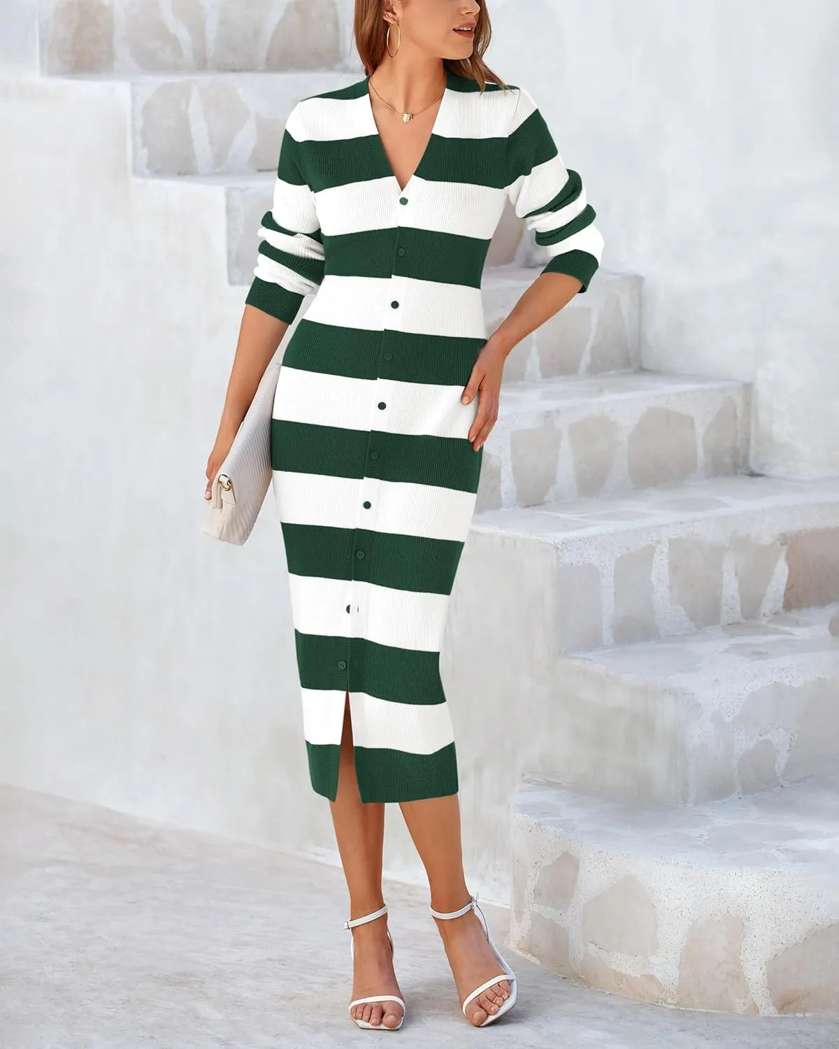 PRETTYGARDEN Women's Dresses 2025 Fall Long Sleeve V Neck Button Down Ribbed Knit Stripes Bodycon Midi Sweater Dress