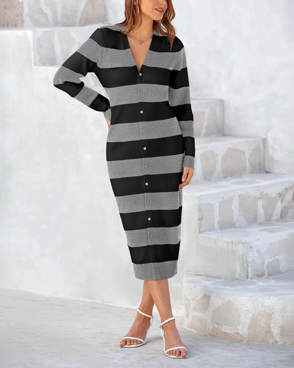 PRETTYGARDEN Women's Dresses 2025 Fall Long Sleeve V Neck Button Down Ribbed Knit Stripes Bodycon Midi Sweater Dress