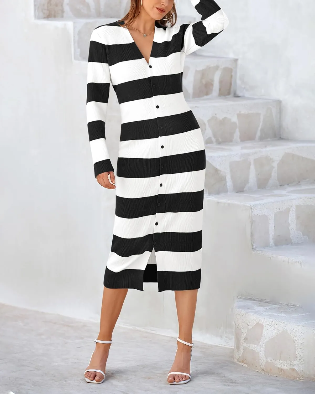 PRETTYGARDEN Women's Dresses 2025 Fall Long Sleeve V Neck Button Down Ribbed Knit Stripes Bodycon Midi Sweater Dress