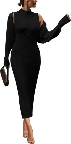 PRETTYGARDEN Womens Fall 2 Piece Outfits Bodycon Maxi Tank Pullover Sweater Dress and Long Sleeve Cropped Cardigan Knit Sets
