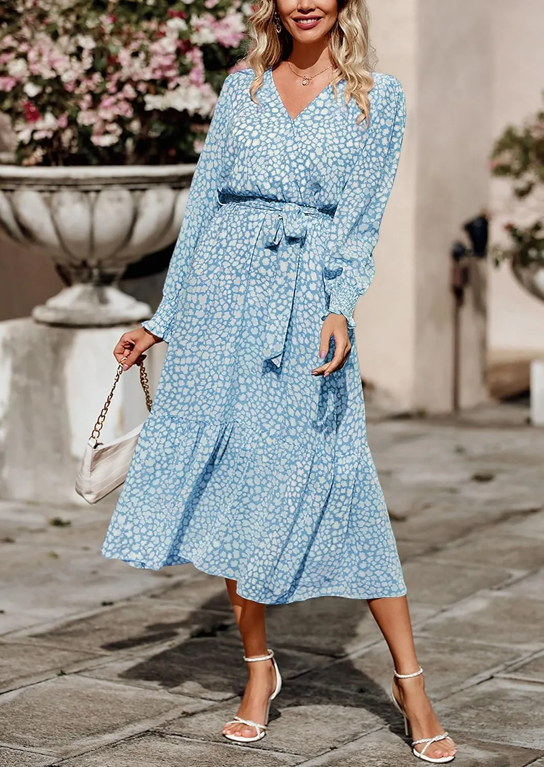 PRETTYGARDEN Women's Floral Boho Dress Fall Long Sleeve Wrap V Neck Ruffle Flowy Maxi Spring Wedding Guest Vacation Dresses