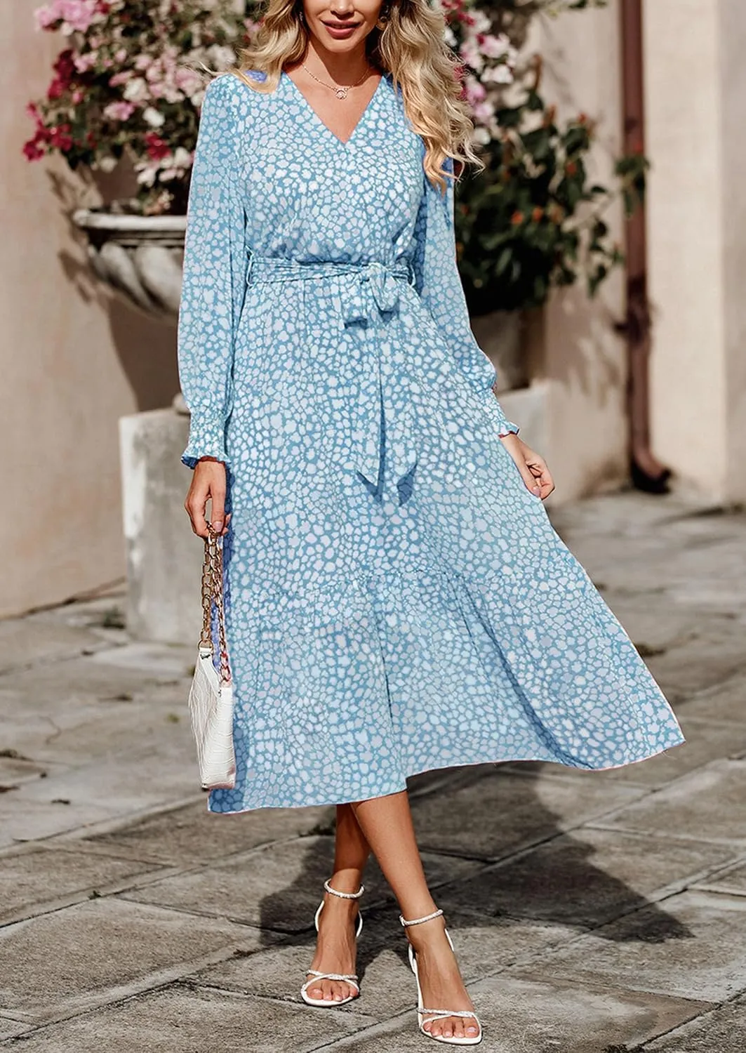PRETTYGARDEN Women's Floral Boho Dress Fall Long Sleeve Wrap V Neck Ruffle Flowy Maxi Spring Wedding Guest Vacation Dresses