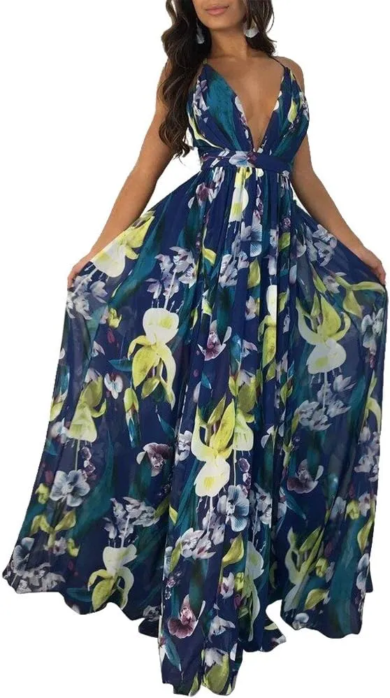Remelon Womens Sexy Spaghetti Strap Deep V Neck Floral Boho Criss Cross Backless Chiffon Beach Party Long Maxi Dress