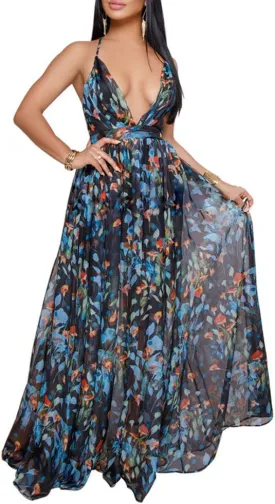 Remelon Womens Sexy Spaghetti Strap Deep V Neck Floral Boho Criss Cross Backless Chiffon Beach Party Long Maxi Dress