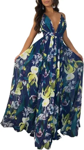 Remelon Womens Sexy Spaghetti Strap Deep V Neck Floral Boho Criss Cross Backless Chiffon Beach Party Long Maxi Dress