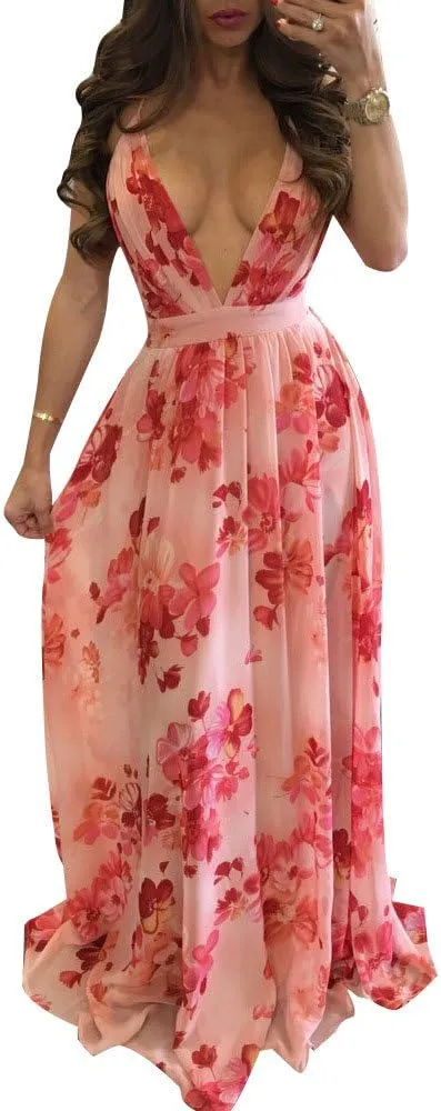 Remelon Womens Sexy Spaghetti Strap Deep V Neck Floral Boho Criss Cross Backless Chiffon Beach Party Long Maxi Dress