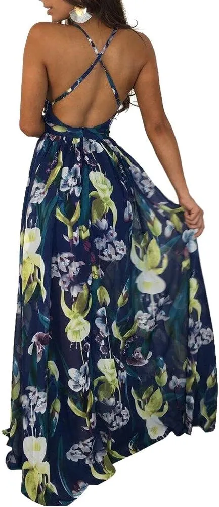 Remelon Womens Sexy Spaghetti Strap Deep V Neck Floral Boho Criss Cross Backless Chiffon Beach Party Long Maxi Dress