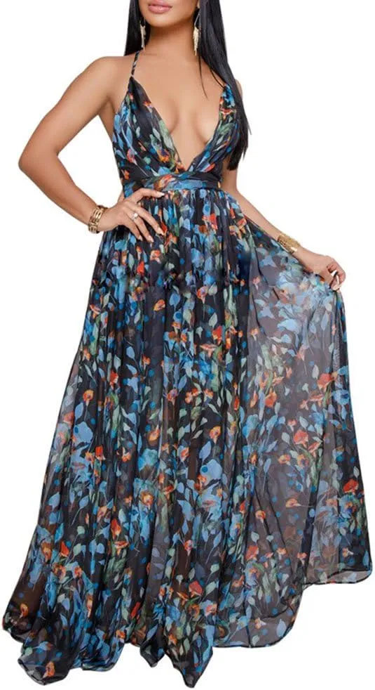 Remelon Womens Sexy Spaghetti Strap Deep V Neck Floral Boho Criss Cross Backless Chiffon Beach Party Long Maxi Dress