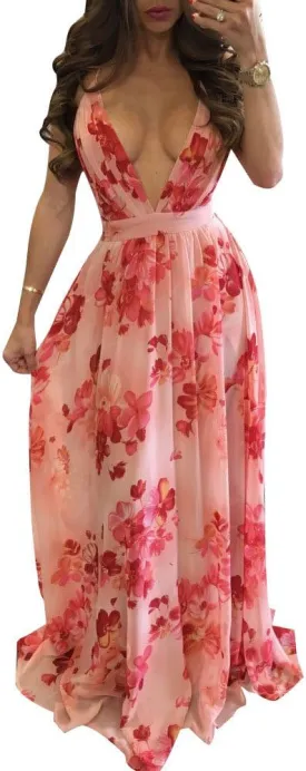 Remelon Womens Sexy Spaghetti Strap Deep V Neck Floral Boho Criss Cross Backless Chiffon Beach Party Long Maxi Dress