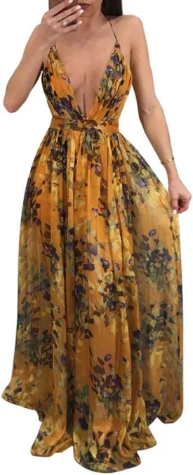 Remelon Womens Sexy Spaghetti Strap Deep V Neck Floral Boho Criss Cross Backless Chiffon Beach Party Long Maxi Dress