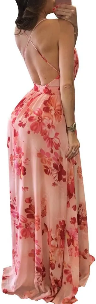 Remelon Womens Sexy Spaghetti Strap Deep V Neck Floral Boho Criss Cross Backless Chiffon Beach Party Long Maxi Dress