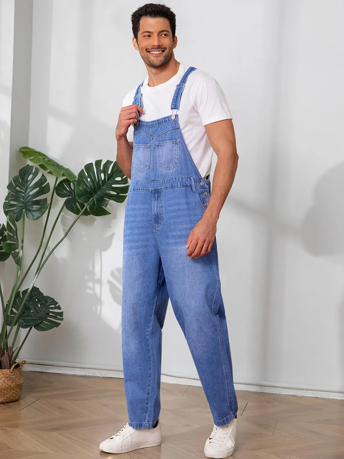 Runcati Men's Denim Bib Overalls Jeans Fashion Loose Fit Adjustable Straps Boot Cut Trousers Jumpsuit with Multi Pockets
