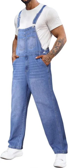 Runcati Men's Denim Bib Overalls Jeans Fashion Loose Fit Adjustable Straps Boot Cut Trousers Jumpsuit with Multi Pockets