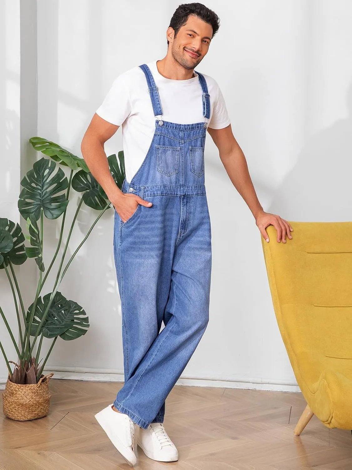 Runcati Men's Denim Bib Overalls Jeans Fashion Loose Fit Adjustable Straps Boot Cut Trousers Jumpsuit with Multi Pockets