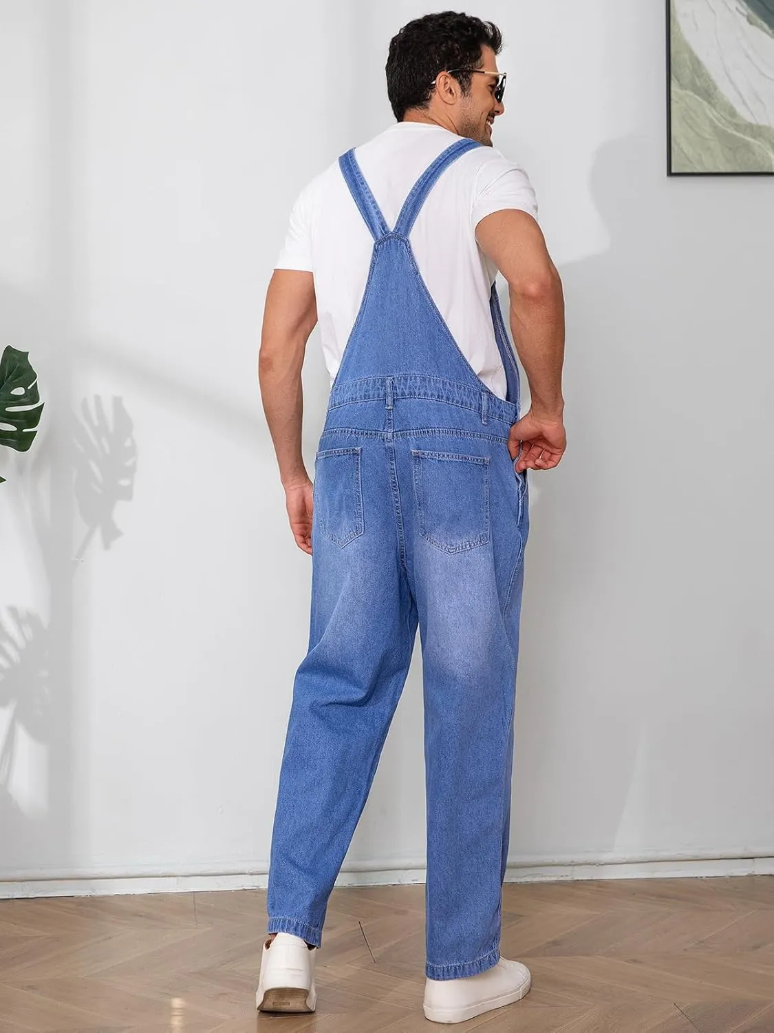 Runcati Men's Denim Bib Overalls Jeans Fashion Loose Fit Adjustable Straps Boot Cut Trousers Jumpsuit with Multi Pockets