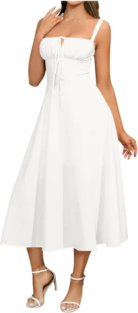 Ruziyoog Women Casual Sleeveless Dress Low Cut Spaghetti Straps Square Neck Y2k Dress Lace Up Flowy Swing Bustier Sundress
