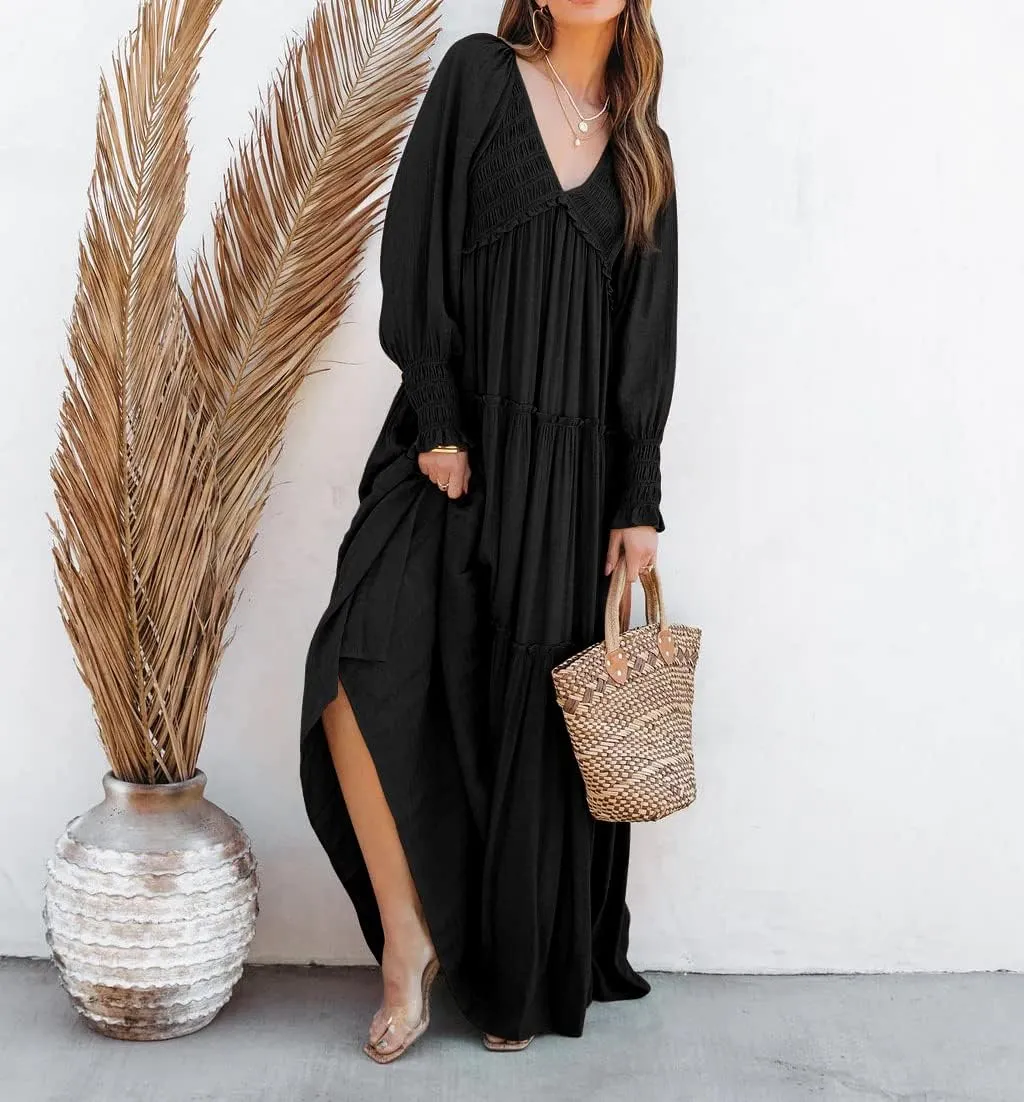 R.Vivimos Maxi Dress for Women Long Sleeve V Neck Empire Waist Layered Ruffle Boho Casual Flowy Long Dresses