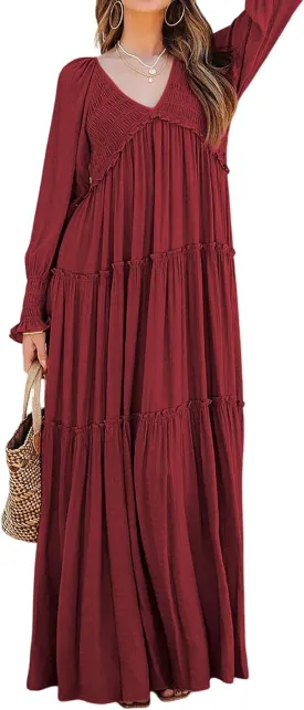 R.Vivimos Maxi Dress for Women Long Sleeve V Neck Empire Waist Layered Ruffle Boho Casual Flowy Long Dresses
