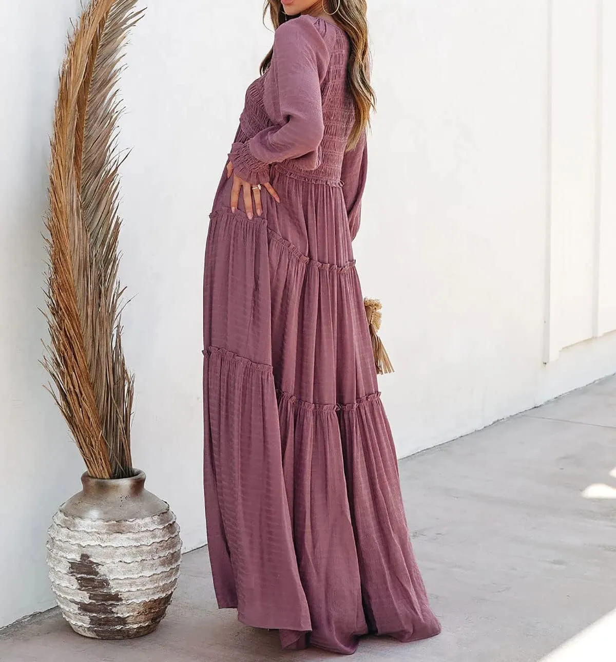 R.Vivimos Maxi Dress for Women Long Sleeve V Neck Empire Waist Layered Ruffle Boho Casual Flowy Long Dresses