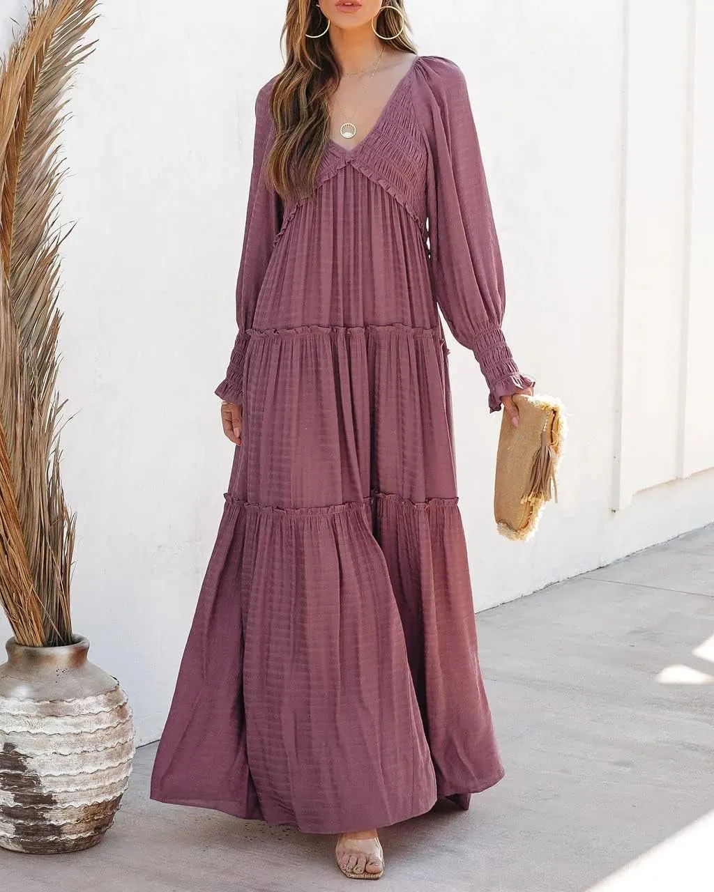 R.Vivimos Maxi Dress for Women Long Sleeve V Neck Empire Waist Layered Ruffle Boho Casual Flowy Long Dresses