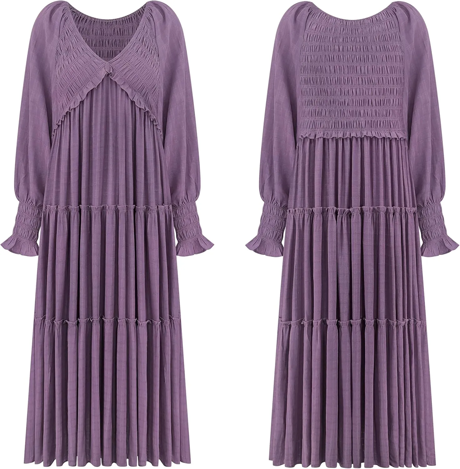 R.Vivimos Maxi Dress for Women Long Sleeve V Neck Empire Waist Layered Ruffle Boho Casual Flowy Long Dresses