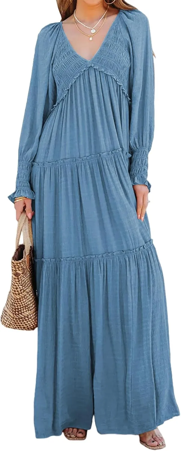 R.Vivimos Maxi Dress for Women Long Sleeve V Neck Empire Waist Layered Ruffle Boho Casual Flowy Long Dresses