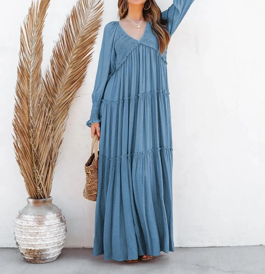 R.Vivimos Maxi Dress for Women Long Sleeve V Neck Empire Waist Layered Ruffle Boho Casual Flowy Long Dresses