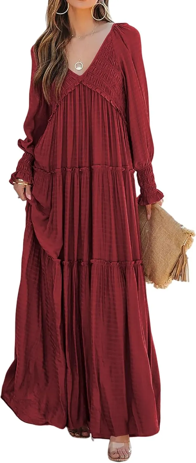 R.Vivimos Maxi Dress for Women Long Sleeve V Neck Empire Waist Layered Ruffle Boho Casual Flowy Long Dresses