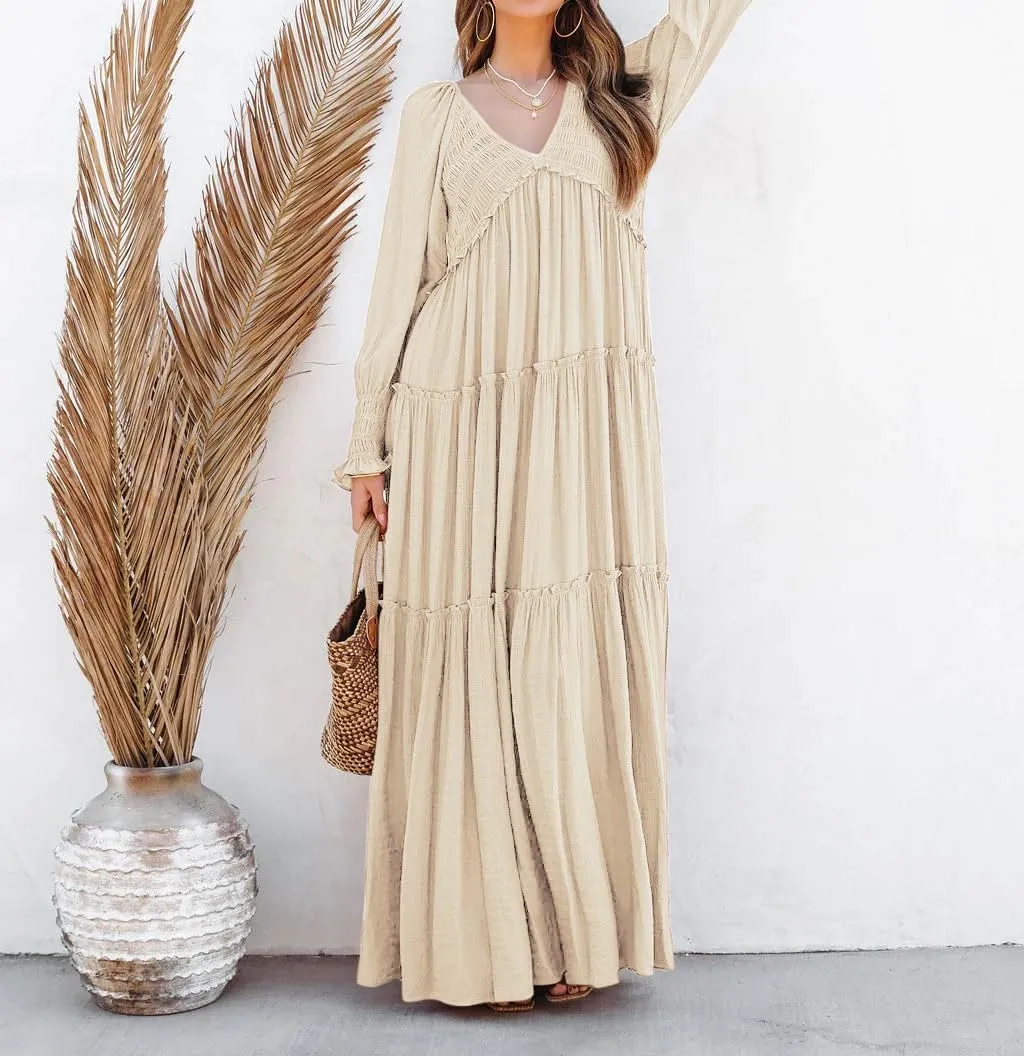 R.Vivimos Maxi Dress for Women Long Sleeve V Neck Empire Waist Layered Ruffle Boho Casual Flowy Long Dresses