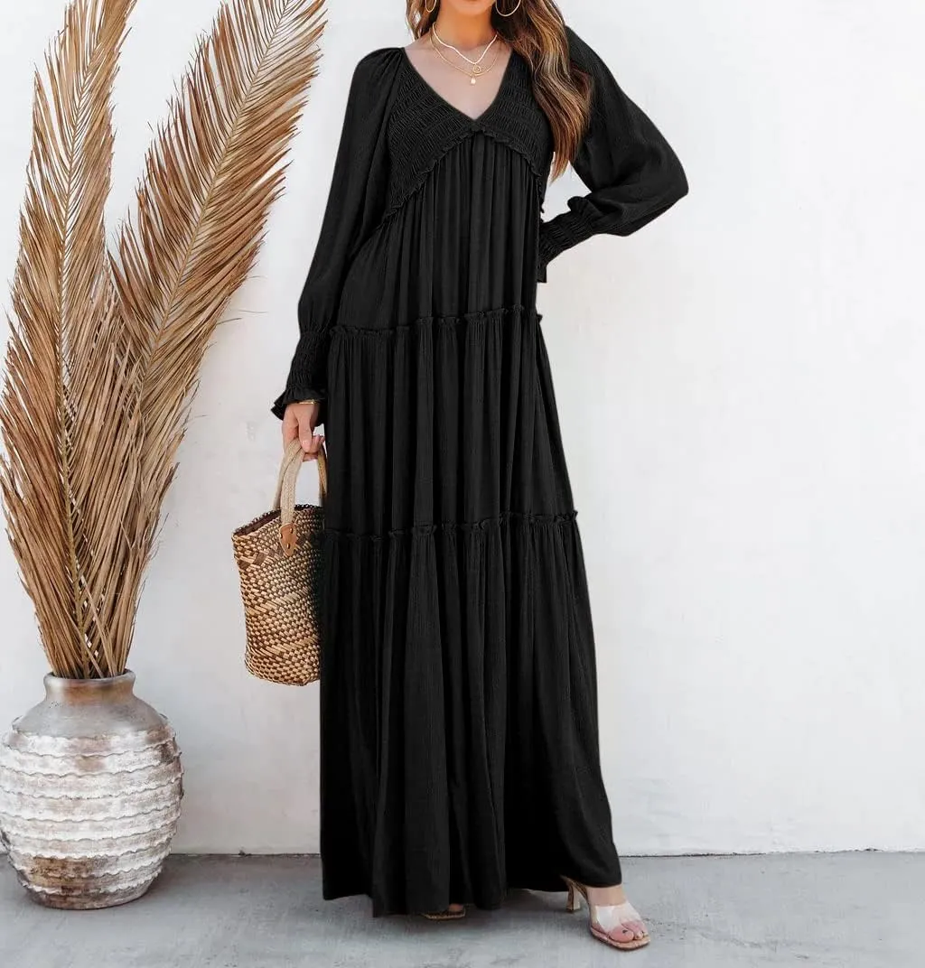 R.Vivimos Maxi Dress for Women Long Sleeve V Neck Empire Waist Layered Ruffle Boho Casual Flowy Long Dresses