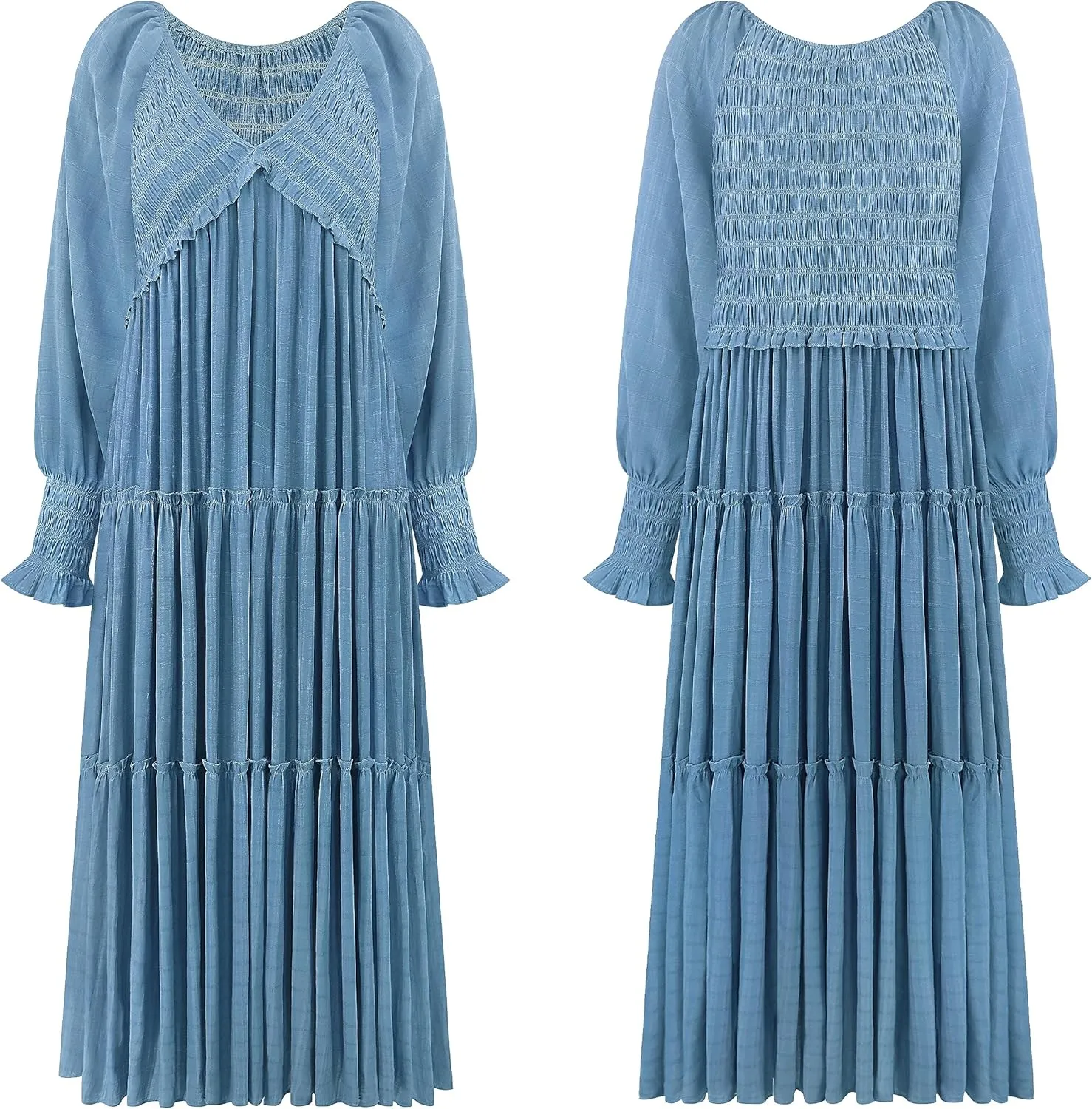 R.Vivimos Maxi Dress for Women Long Sleeve V Neck Empire Waist Layered Ruffle Boho Casual Flowy Long Dresses