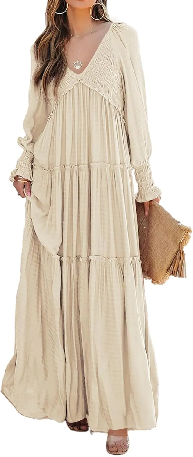R.Vivimos Maxi Dress for Women Long Sleeve V Neck Empire Waist Layered Ruffle Boho Casual Flowy Long Dresses