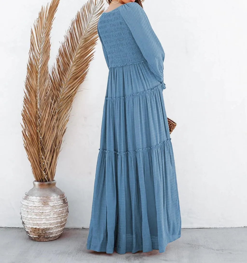 R.Vivimos Maxi Dress for Women Long Sleeve V Neck Empire Waist Layered Ruffle Boho Casual Flowy Long Dresses